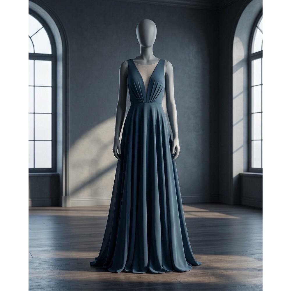 Jenny Yoo Collection Navy Deep V Neck Pleated Chiffon Maxi Dress Gown Sz 4 $285 - Picture 3 of 15